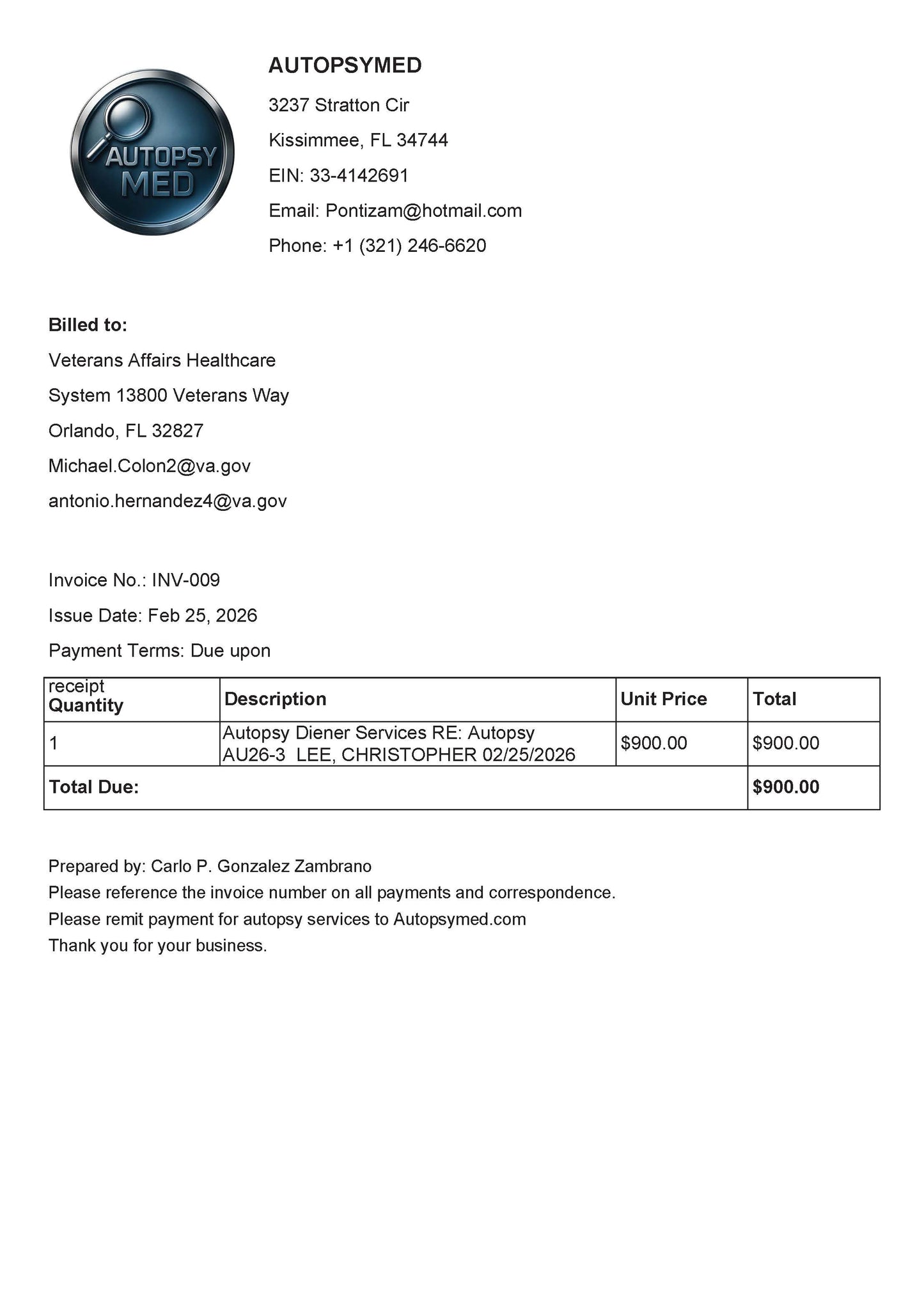 Invoice No. INV-009- Autopsy Diener Services RE: Autopsy AU26-3 LEE, CHRISTOPHER 02/25/2026